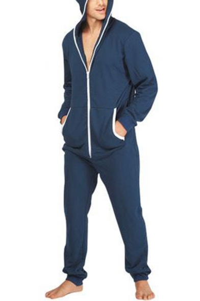 Mens New Stylish Long Sleeve Hooded Zip Up One Piece Sleepwear Lounge Jumpsuits