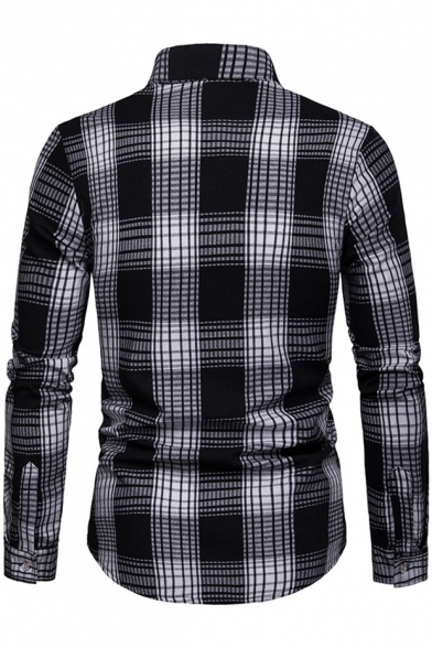 Mens New Trendy Check Pattern Long Sleeve Slim Fitted Button-Up Shirt
