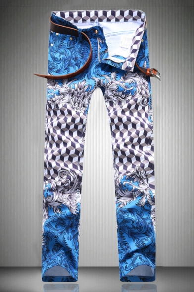 Mens Nightclub Fashion Printed Stretch Fitted Casual Blue Jeans