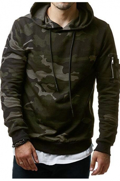 Mens Popular Fashion Zip Pocket Long Sleeve Classic Camo Print Fitted Hoodie