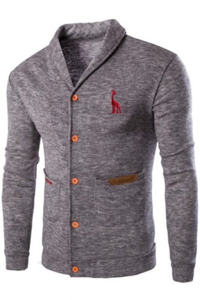 Mens Simple Letter Animal Embroidery Turn-Down Collar Button Down Casual Fitted Cardigan