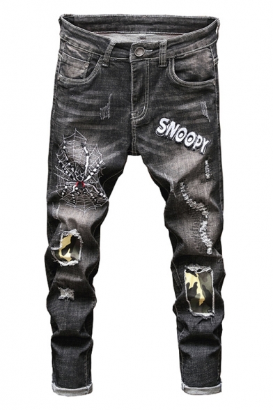 Mens Trendy Camo Spider Web Letter SNOOPY Embroidery Patched Straight Fit Black Ripped Jeans