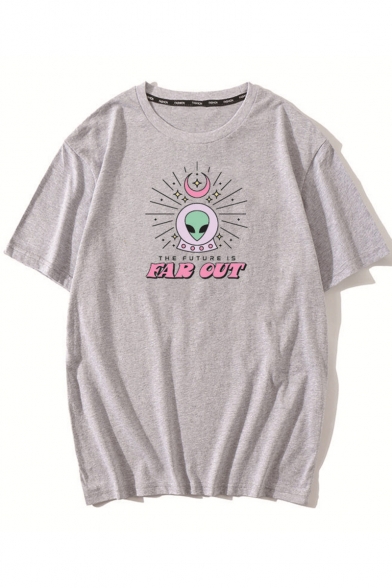 New Collection Alien Letter Printed Round Neck Short Sleeve Cotton T-Shirt