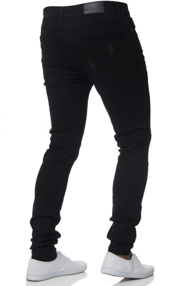 New Fashion Simple Plain Stretch Slim Fit Ripped Jeans for Men