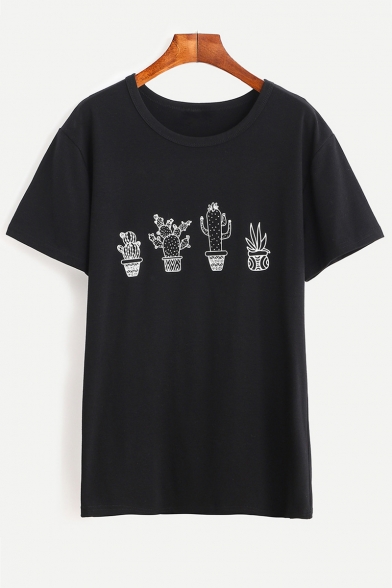 New Stylish Cactus Printed Round Neck Short Sleeve Unisex T-Shirt