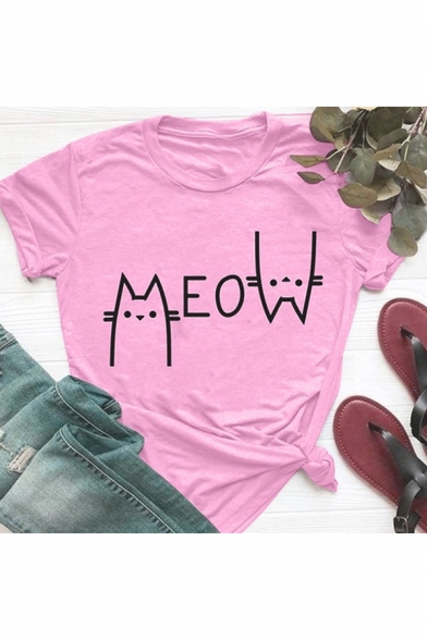 New Stylish Cat Letter MEOW Print Basic Short Sleeve Cotton Leisure T-Shirt