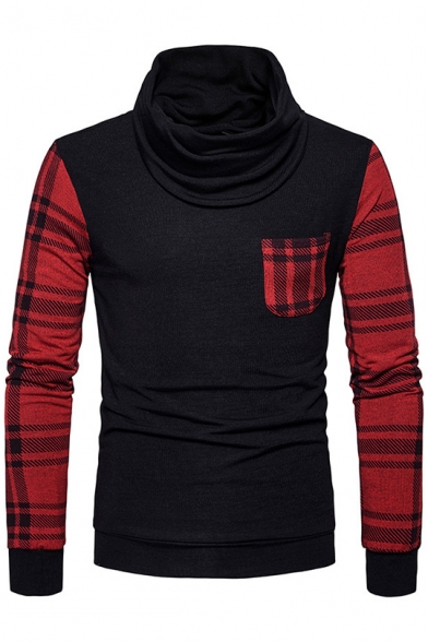 New Stylish Plaid Patchwork One Pocket Chest Turtleneck Mens Slim Fit Pullover Sweater