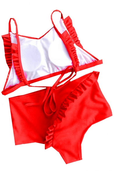 New Trendy Ruffle Trim Spaghetti Strap Red Tied Back Bikini