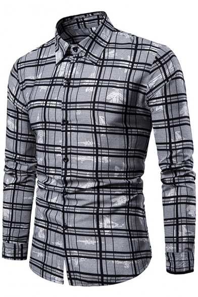 New Trendy Stripe Plaid Printed Casual Long Sleeve Button-Up Slim Grey Shirt for Men