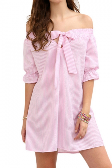 New Trendy Striped Print Off The Shoulder Half Sleeve Bow Tie Front Mini A-Line Dress