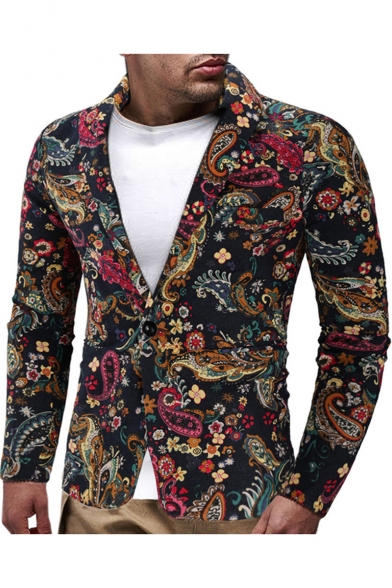 IUTE Mens Vintage Floral Suit Blazers New Retro Ethnic Style Dark Casual Outwear Long Sleeves 2 Button Closure Slim Fit Print Jackets Coats M-3XL