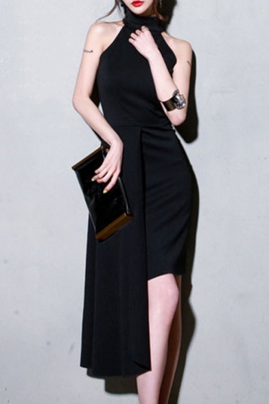Sexy Black Halter Sleeveless Midi Asymmetric Dress for Party