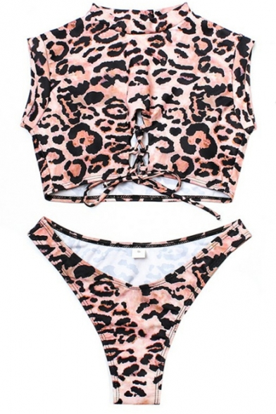 Sexy Cool Leopard Print Hollow Out Lace Up Bikini Swimwear