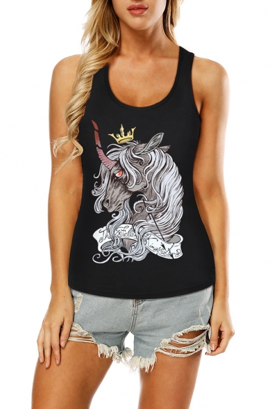 Sexy Cool Skull Figure Unicorn Printed Round Neck Sleeveless Hollow Out Back Tank