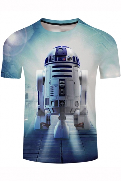 Star Wars New Stylish Robot Printed Basic Short Sleeve Blue T-Shirt