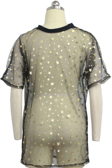 Stylish Five-Pointed Star Pattern Round Neck Short Sleeve Sexy Mini Loose Cover Up