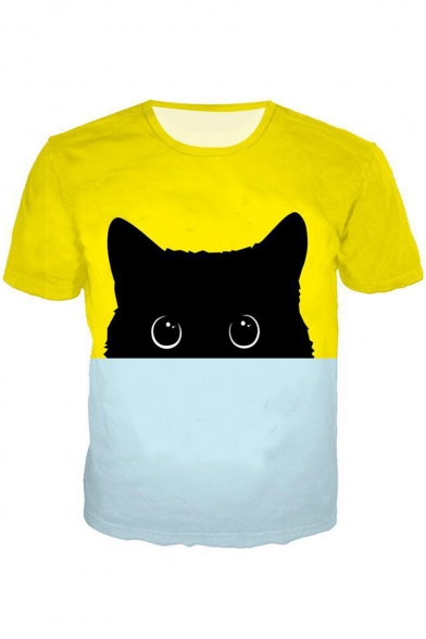 Summer Cartoon 3D Cat Print Colorblocked Round Neck Short Sleeve Unisex T-Shirt