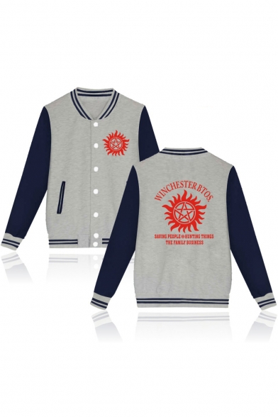 Supernatural Series Fashion Logo Letter Print Stand-Collar Colorblocked Unisex Button-Down Baseball Jacket