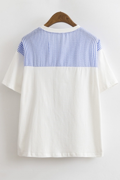 Trendy Striped Tied Front Round Neck Short Sleeve Pullover T-Shirt