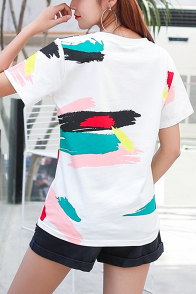 White Fashion Colorful Painting Round Neck Short Sleeve Cotton T-Shirt