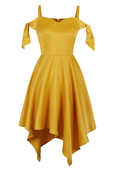 Women's Fashion V-Neck Plain Sleeveless Gold Mini Asymmetrical Dress