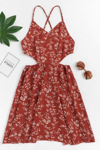 Women's Sexy Hollow Out Ethnic Floral Printed Caramel Mini Cami A-Line Dress