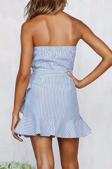 Women's Trendy Blue Striped Printed Off The Shoulder Tie Waist Ruffle Hem Mini A-Line Dress