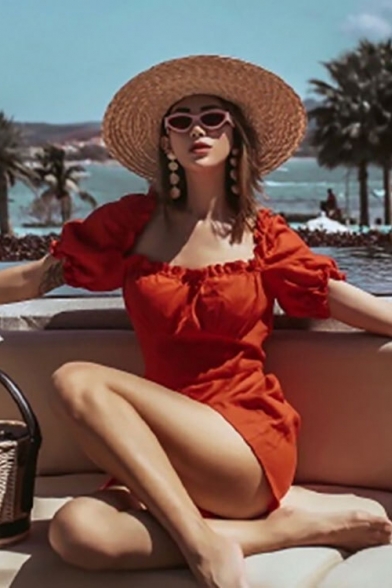 Womens Summer Fashion Simple Plain Puff Sleeve Vintage Square Neck Ruffled Hem Beach Rompers
