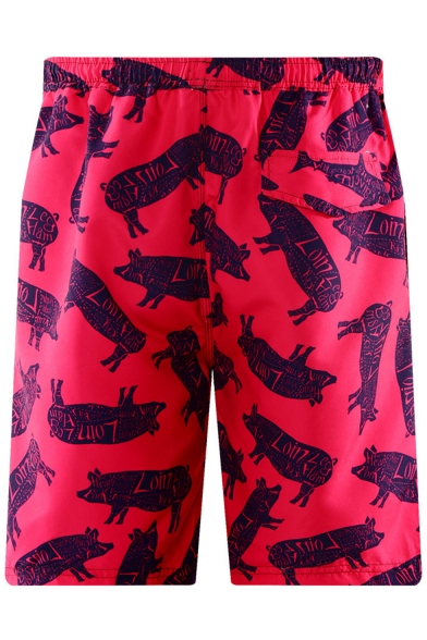Allover Letter Pig Pattern Drawstring Waist Pink Swim Trunks with Mesh Brief Lining and Pockets