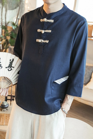 GenericMen Generic Mens Solid 3/4 Sleeve Mandarin Collar Frog Buttons Linen Shirt 