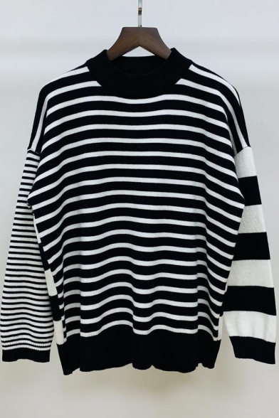 Classic Fashion Stripe Printed Crewneck Long Sleeve Pullover Loose Fit Sweater