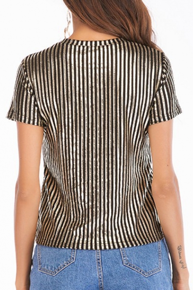 Cool Vertical Stripes Printed Short Sleeve Casual Gold T-Shirt
