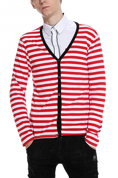 Fashion Classic Stripe Printed Long Sleeve V-Neck Button Front Cardigan