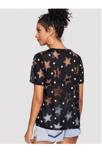 Fashion Hollow Out Five-Pointed Star Pattern Round Neck Short Sleeve Perspective T-Shirt