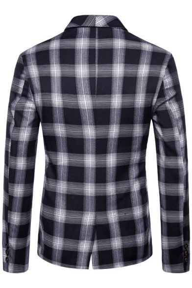 Fashion Plaid Printed Shawl Collar Double Breasted Long Sleeve Men's Blazer Coat