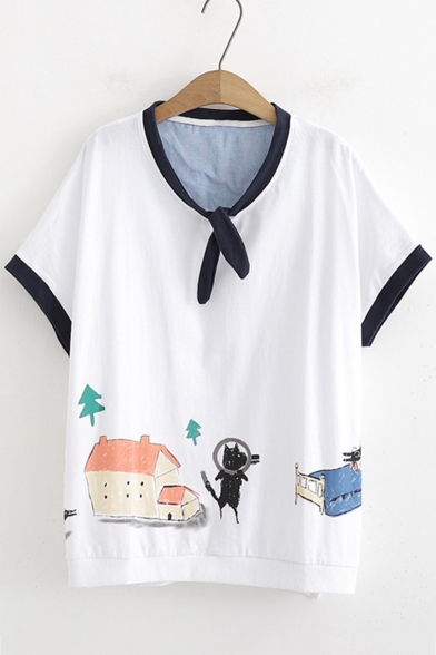 Fashion Tied Collar Short Sleeve Cartoon House Printed Relaxed T-Shirt