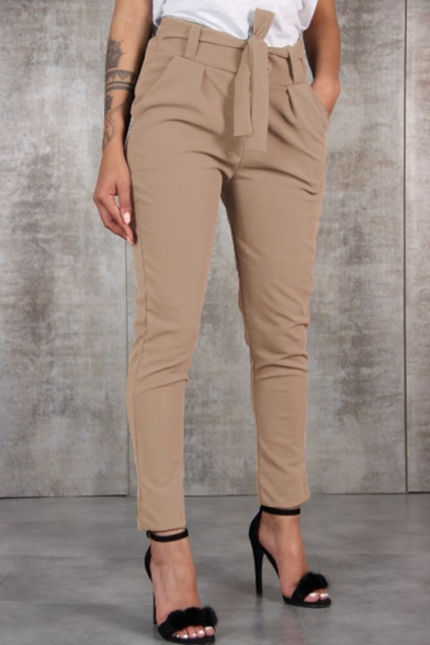 Fashion Tied Waist Simple Plain Basic Slim Fitted Pants