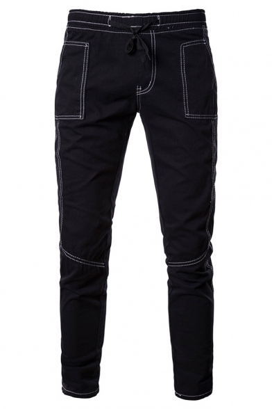 Fashionable Solid Color Drawstring-Waist Contrast Stitching Guys Casual Slim Fitted Jeans