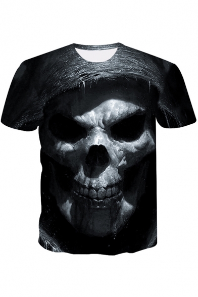 Funny Cool 3D Skull Printed Short Sleeve Round Neck Black Tee