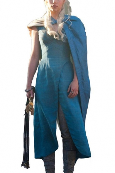 Game of Thrones Daenerys Targaryen Cosplay Costume V-Neck Split Hem Blue Midi A-Line Dress with Cape