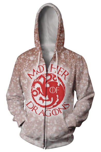 Game of Thrones Letter MOTHER OF DRAGONS Logo Printed Long Sleeve Zip Up Khaki Drawstring Hoodie