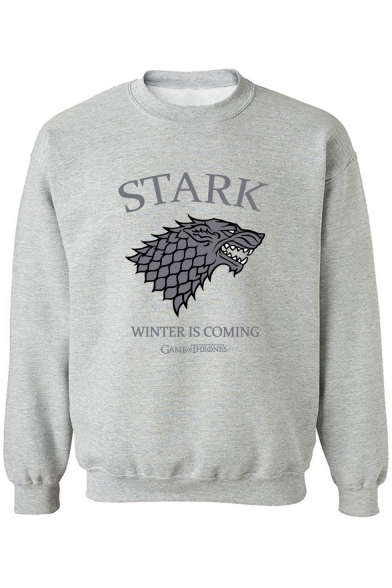 Game of Thrones Wolf Head Printed Round Neck Long Sleeve Loose Fitted Pullover Sweatshirt
