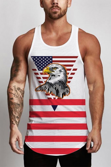 Guys Cool Eagle Flag Printed Scoop Neck Sleeveless White Casual Tank Top