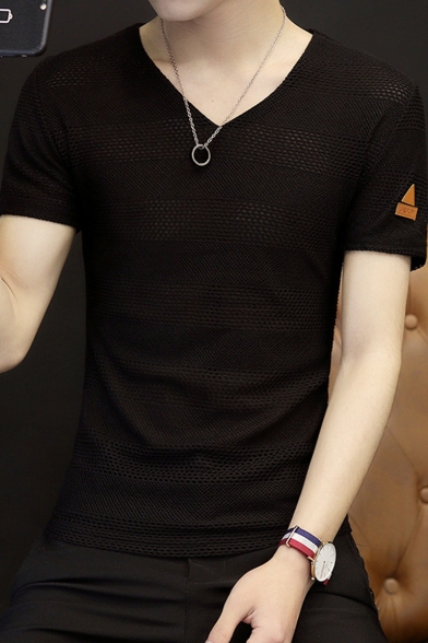 Guys New Stylish V-Neck Breathable Hollow Out Mesh Slim Fit Plain T-Shirt