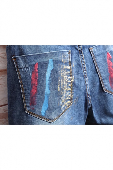 Guys Street Style Cool Letter Embroidered Ripped Detail Rolled-Cuff Light Blue Fitted Denim Shorts
