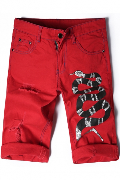 Guys Stylish Snake Printed Destroyed Ripped Rolled-Cuff Straight Fit Red Denim Shorts