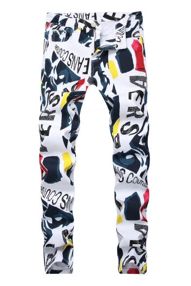 Guys Stylish Street Style Letter Graffiti Printed Stretch Slim Fit White Jeans