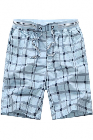 Guys Summer Trendy Plaid Pattern Drawstring Waist Cotton Leisure Beach Shorts