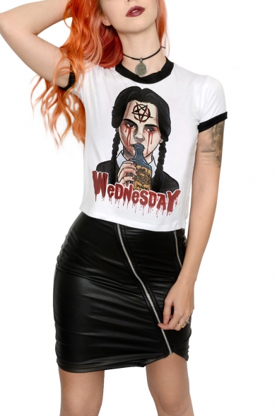 Halloween Figure Letter WEDNESDAY Printed Short Sleeve White Cropped T-Shirt