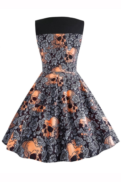 Halloween Vintage Skull Floral Printed Round Neck Sleeveless Midi Fit and Flare Dress